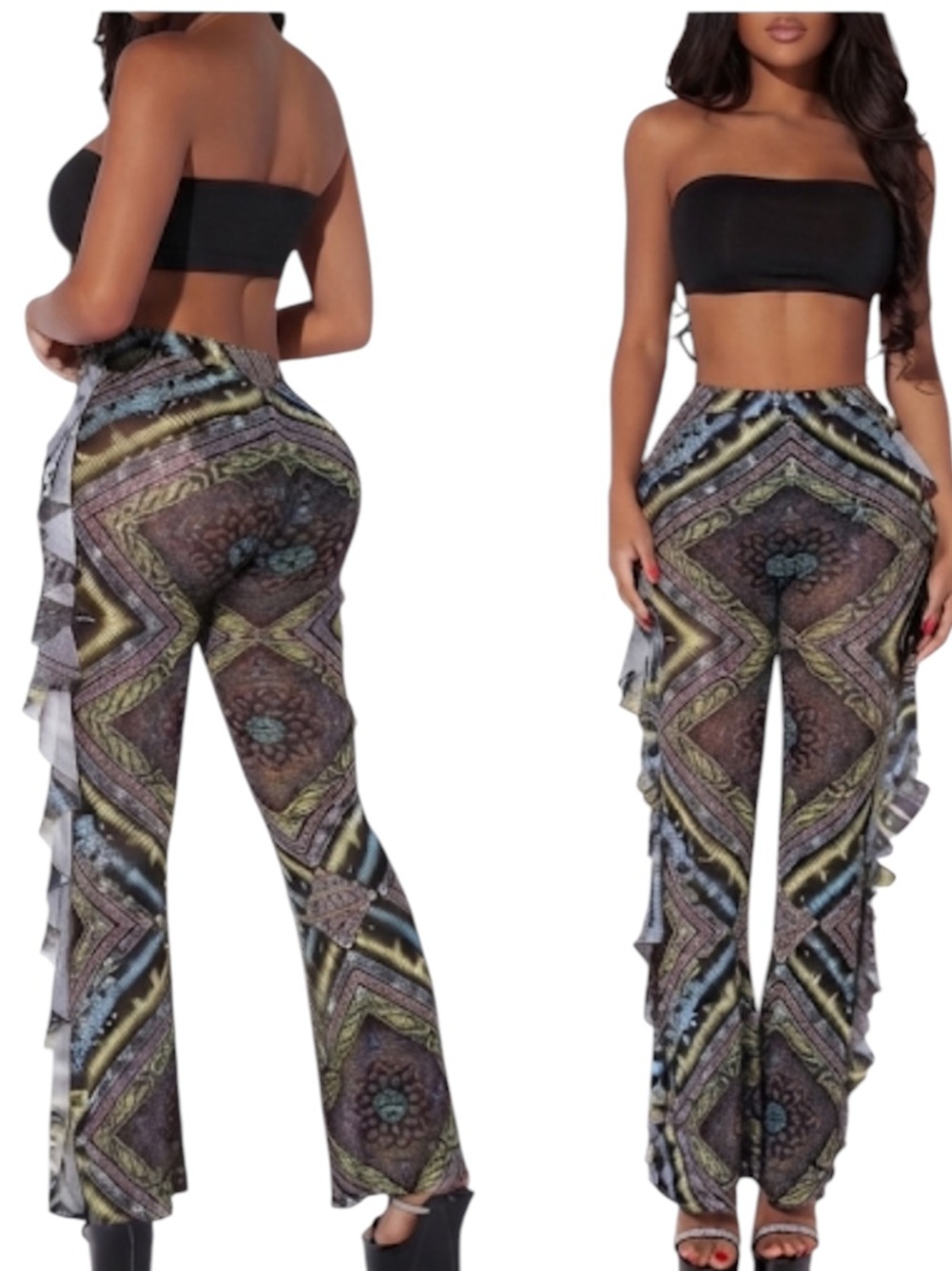 SHEIN SXY Scarf Print Ruffle Trim Mesh Pants Without Panty size L new
